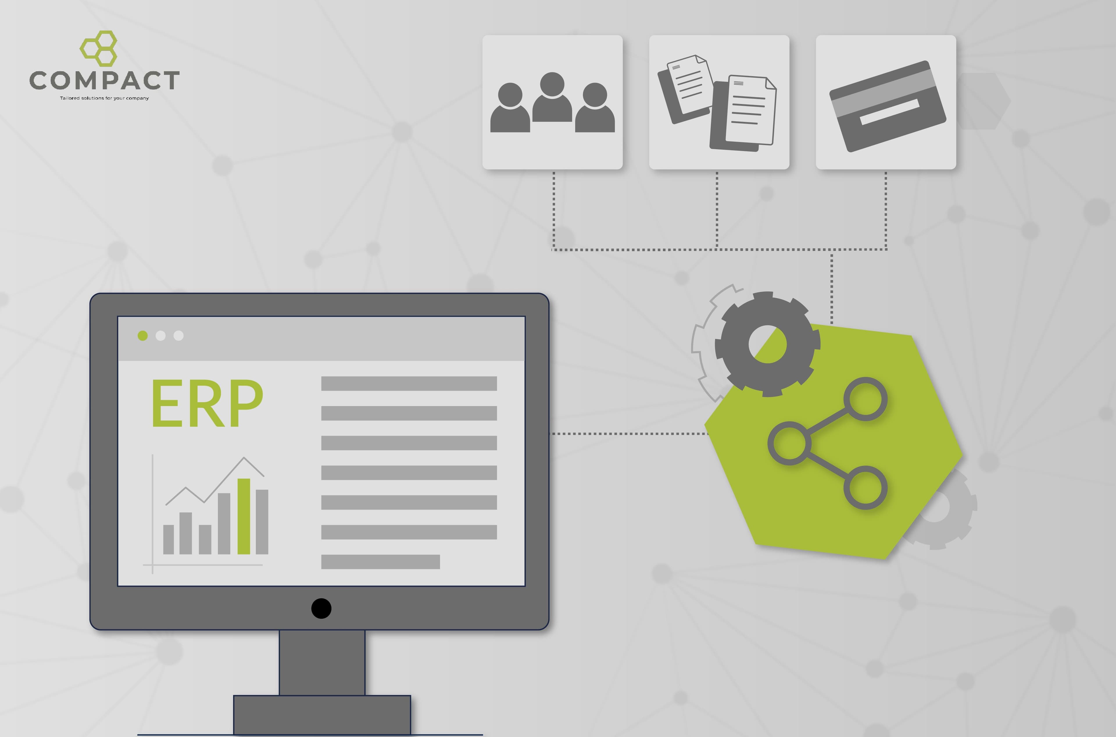System ERP połączony z ikonami pracowników, dokumentów i płatności – grafika Compact.