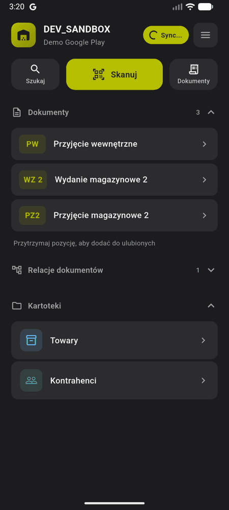 Menu główne aplikacji ComWare WMS: skanowanie, dokumenty PW, WZ, PZ, kartoteki towarów i kontrahentów