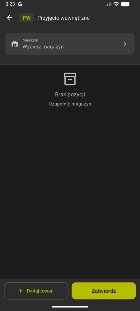 Ekran dokumentu przyjęcia wewnętrznego PW w ComWare WMS